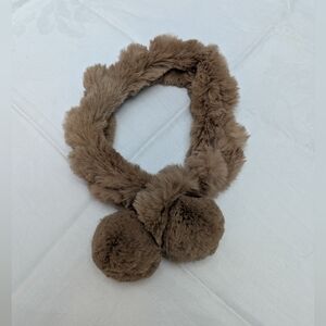 Genuine Rabbit Fur Pom-Pom Adjustable Scarf. Light Brown.  24 Inches.